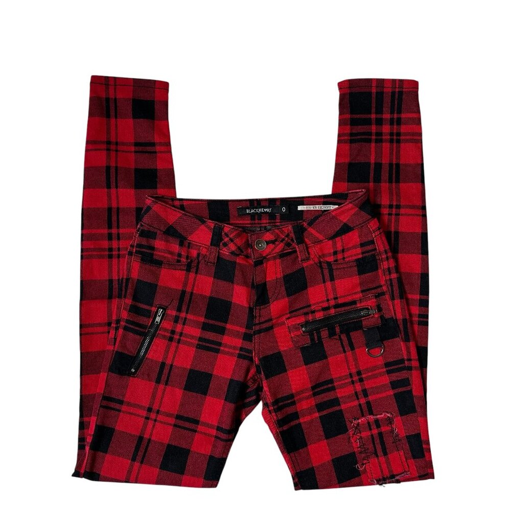 Hot Topic Blackheart Black Red Plaid Emo Super Skinny Jeans 0